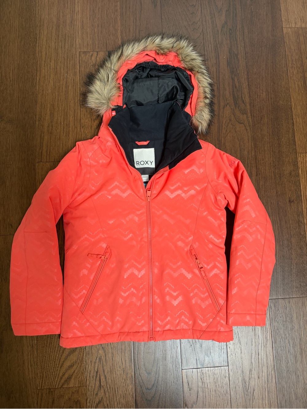 Roxy Kids Bright Coral Hooded Puffer with Faux Fur Trim